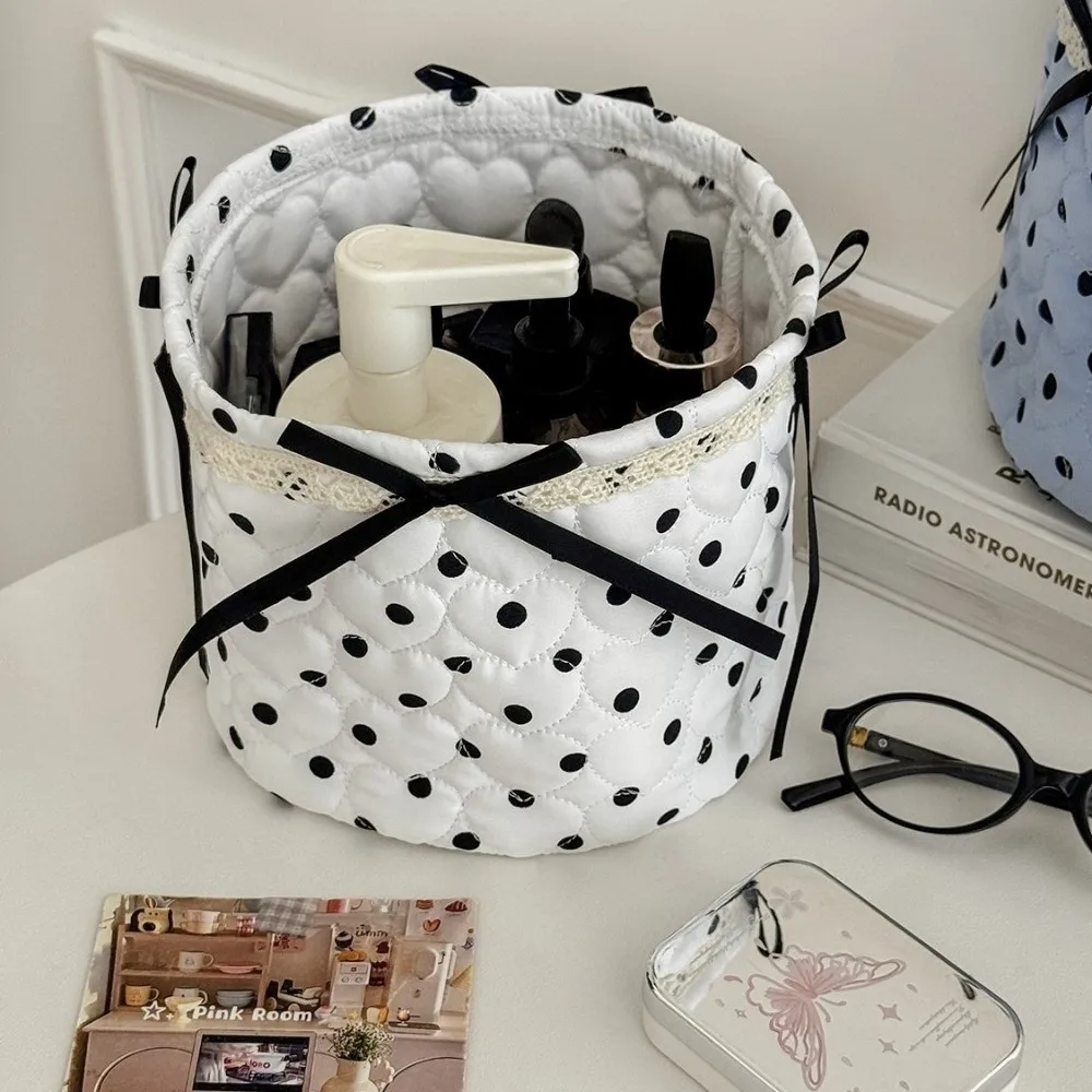 Practical Quilted Storage Basket Polka Dot Bow Decor Desktop Organizer Bin Open Top Soft Sided Car Storage Bin Sundries Storage