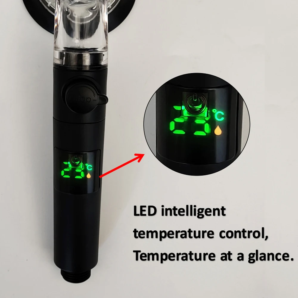 Digital Temperature Display High Pressure Shower Head 3 Modes Turbo Propeller Pressurized Filter Showerhead Bathroom Accessories