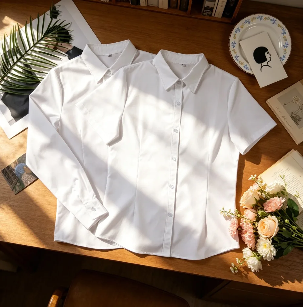 Women's Japanese College Style Fresh White Collar Long Sleeve Shirt,School Uniform Student Outfit for Campus Daily Casual Wear