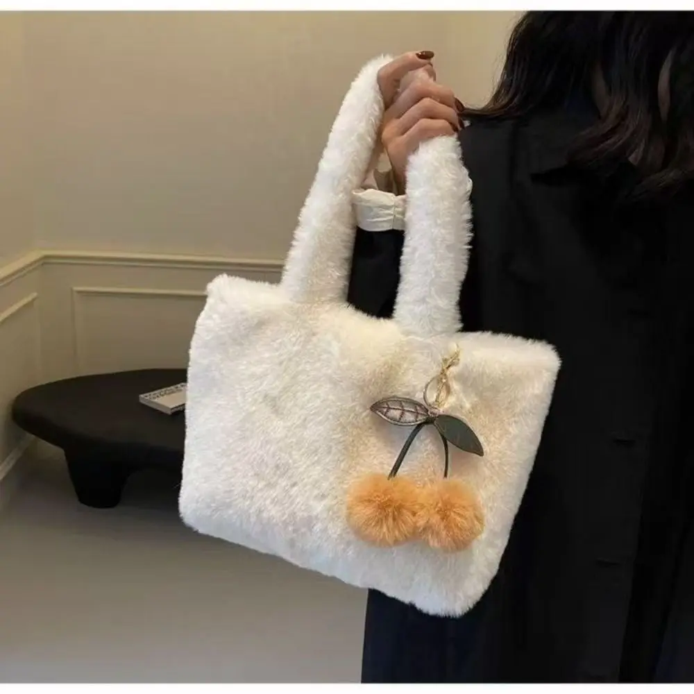 Cute Tote Bag Soft Cherry Ornament Furry Handbag Large Capacity Cherry Shoulder Bag Travel