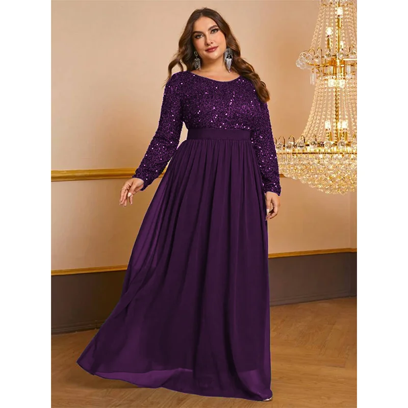 Plus Size girocollo con paillettes multicolore lucido autunno manica lunga abito 5XL 6XL grande formato lucido lungo elegante abito in Chiffon