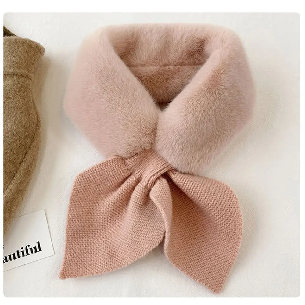 Korean Women Knitted Wool Warm Scarf Autumn Winter Faux Fur Rabbit Thicken Windproof Cross Fake Neck Guard Scarves