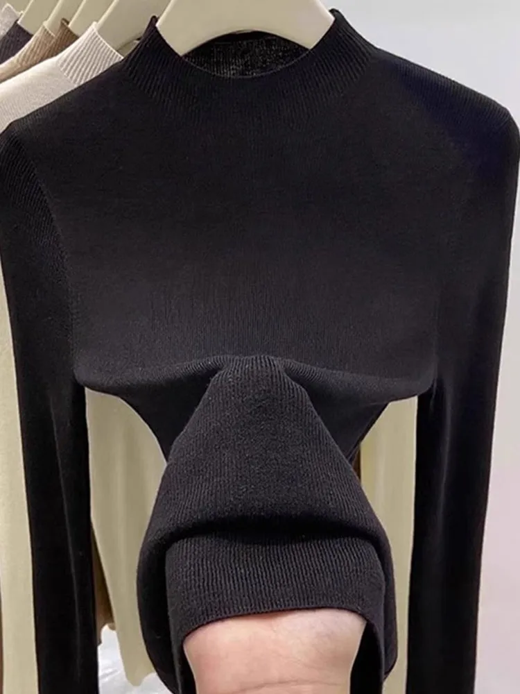 Slim Fit Long Sve f High Collar Pure Color Casual Knitted Base irt Korean Sle Faionable Thinming Leisure Top