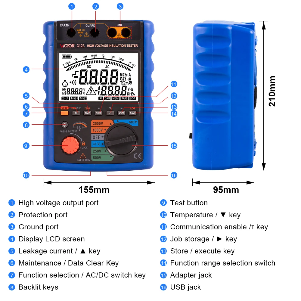 VICTOR 3123 250 V/500 V/1000 V/2500 V IP40 Shell Bescherming Hoogspanning Isolatieweerstand Tester