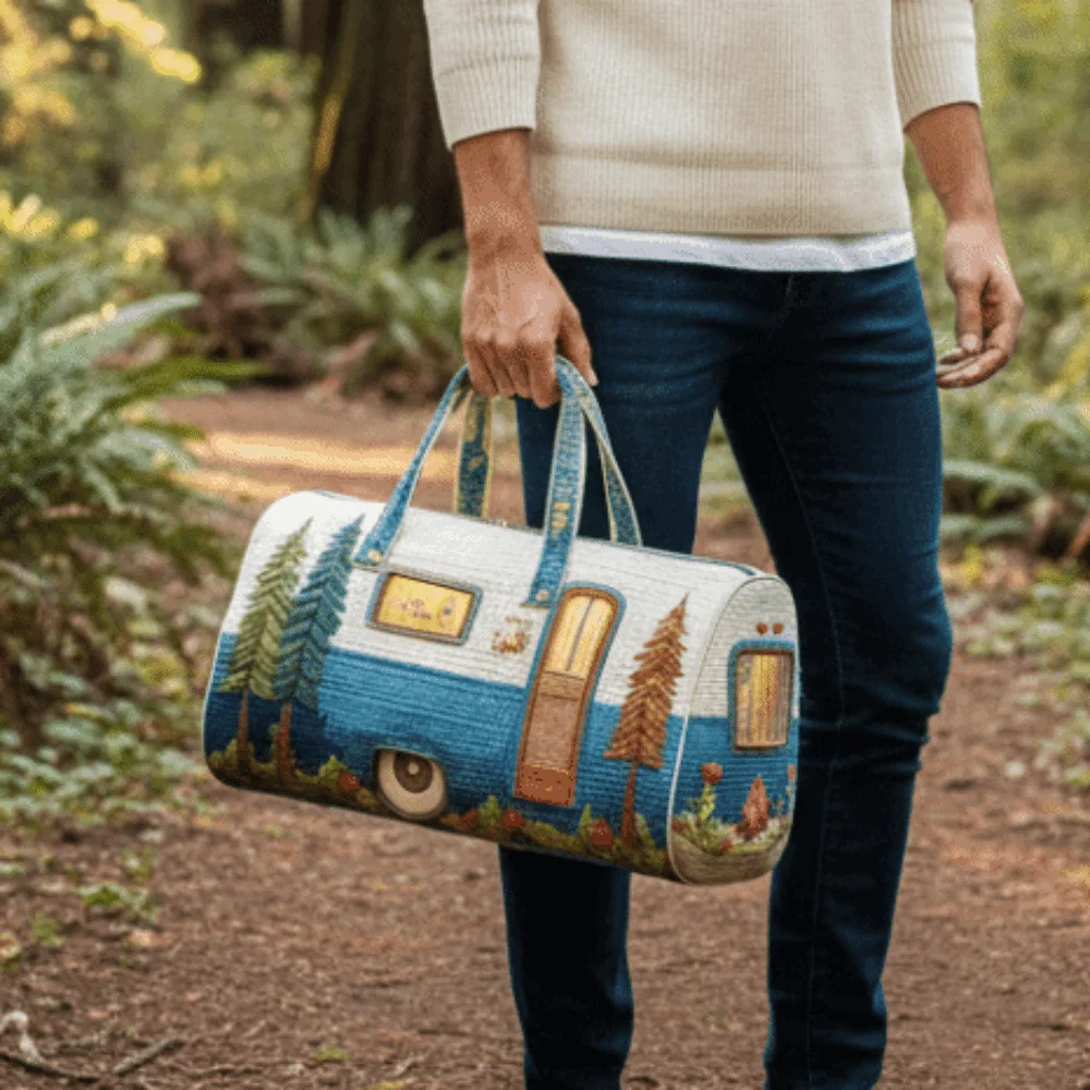 Large Capacity Bus Printed Travel Duffle Retro Flat Print Quilted Sponge Travel Handbag Sturdy Handle Bus Shape