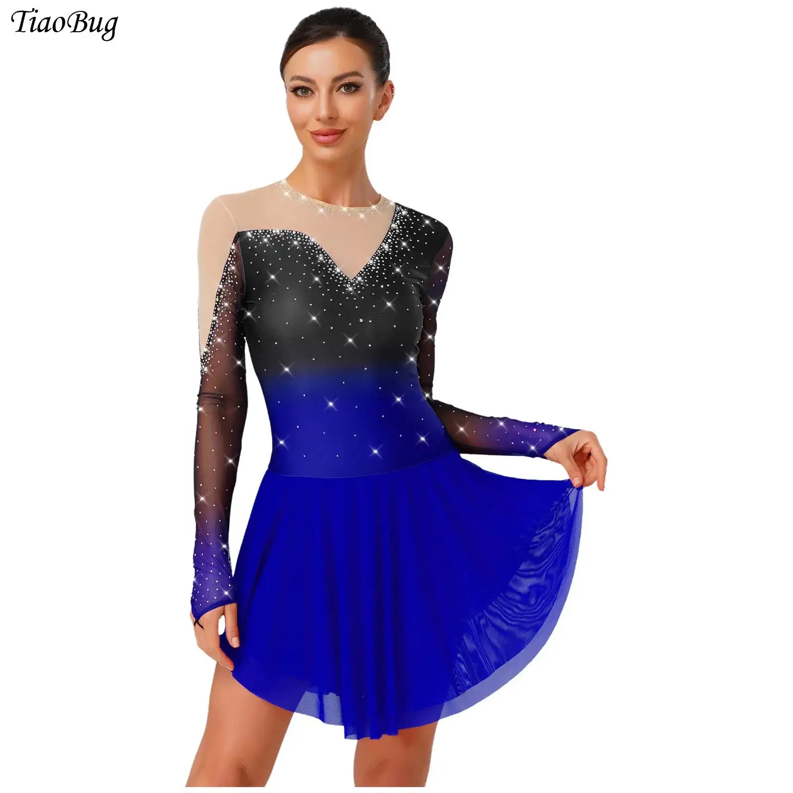 

Women Modern Lyrical Dance Dress Glitter Waltz Figure Skating Costume Irregular Sheer Mesh Gymnastics Ballet Leotard Dancewear