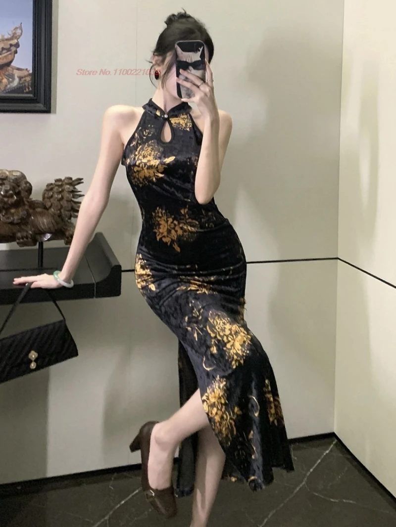 

2025 chinese sleeveless cheongsam flower print velvet improved qipao dress evening dress vintage banquet qipao nightclub dress