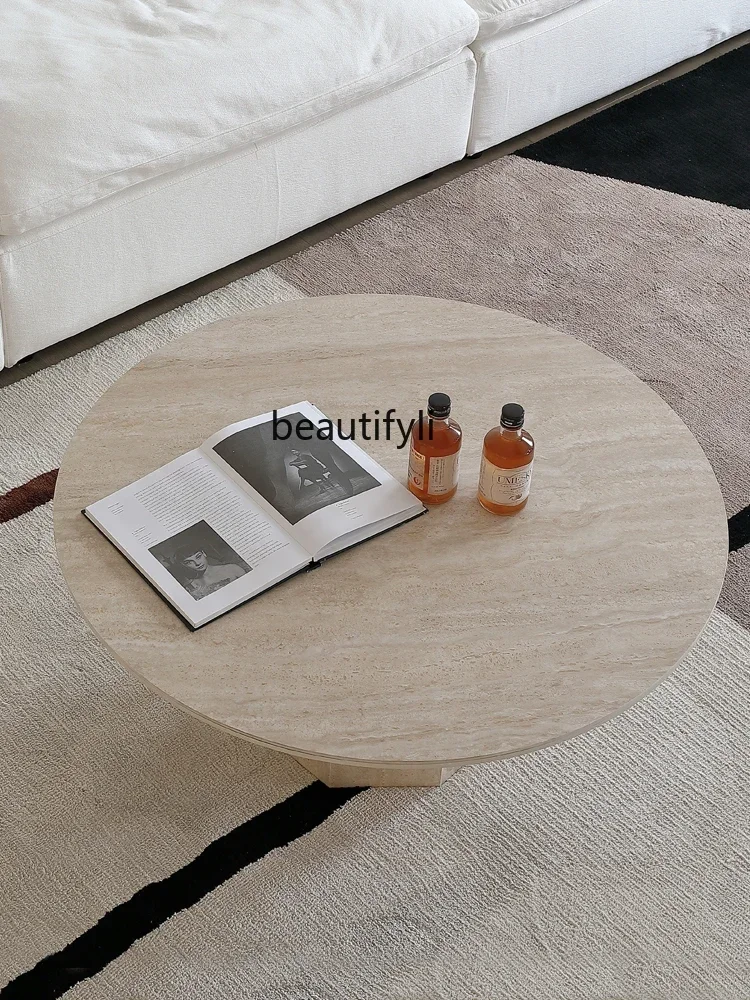 طاولة قهوة على طراز Qiji طاولة قهوة رخامية مستديرة مصممة على شكل كهف فرنسي لوحة حجرية أثاث طاولة قهوة مستديرة #3