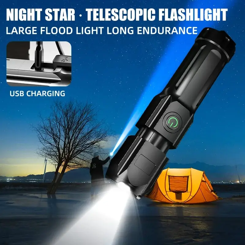 Lanterna led portátil recarregável usb à prova d'água zoom pesca caça acampamento 3 modos de iluminação lanterna tática tocha led