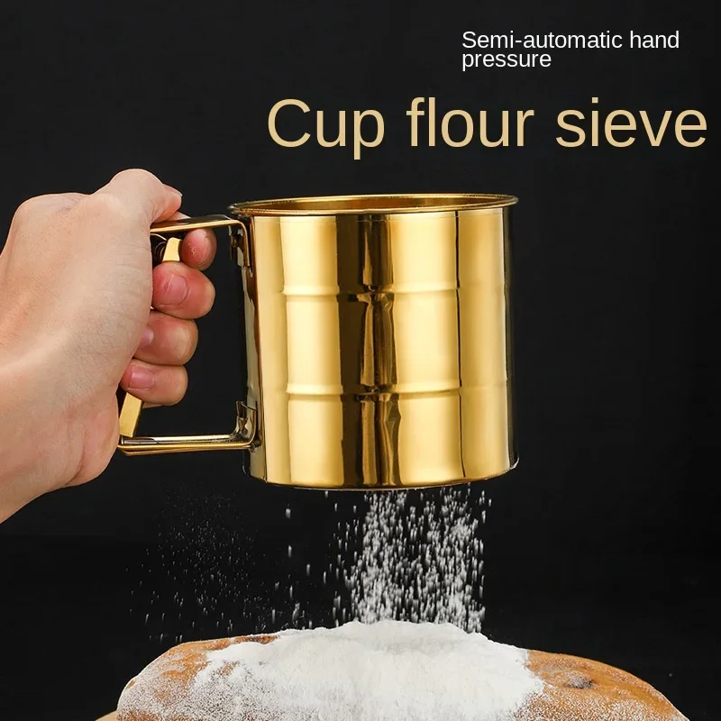 Stainless steel flour sieve semi-automatic hand-held powdered sugar filtering baking household hand-held flour sieve