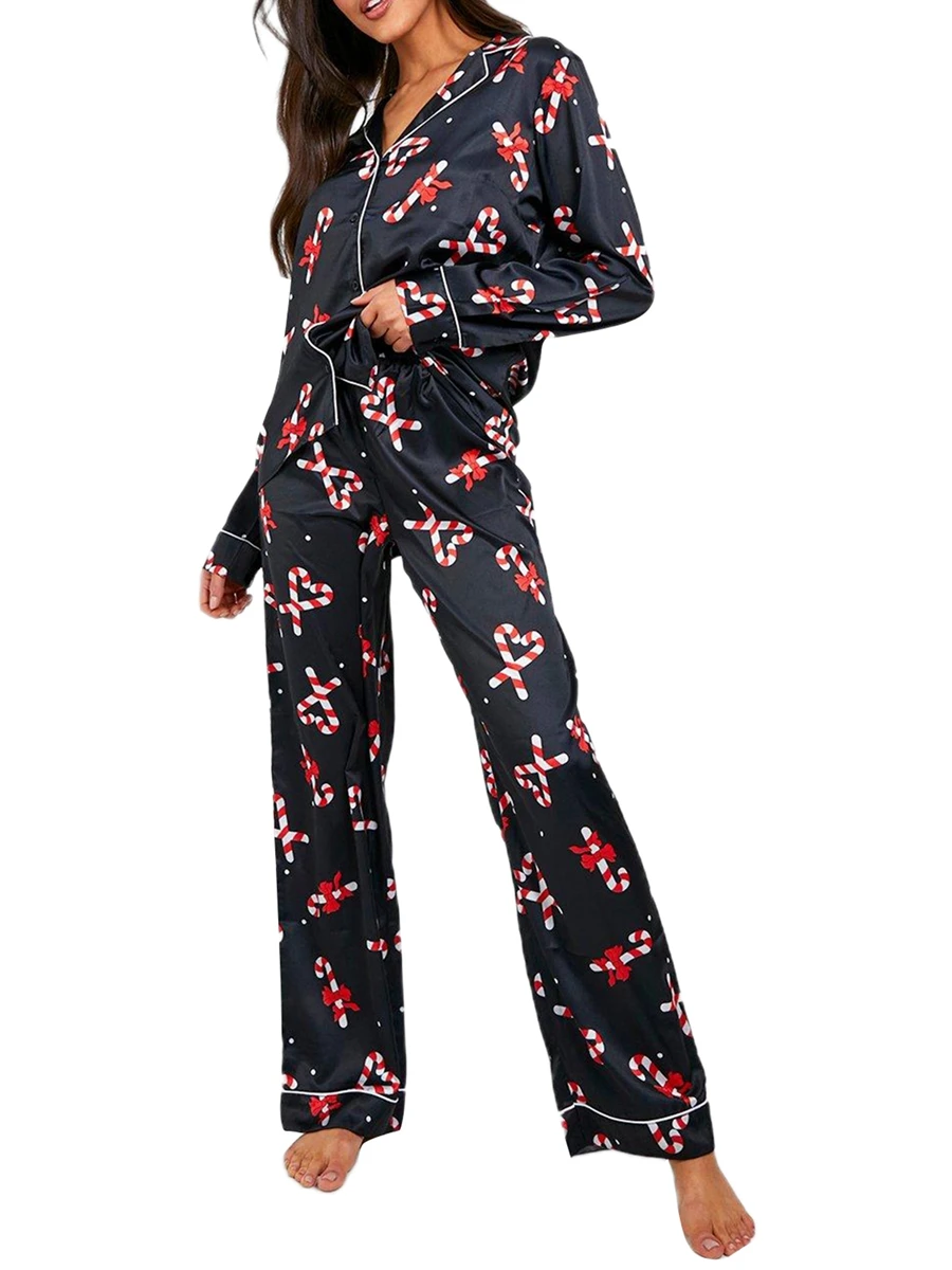 Women Christmas Pajamas Lounge Set Candy Cane Print Long Sleeve Shirts Tops and Pants 2 Piece Loungewear Outfits