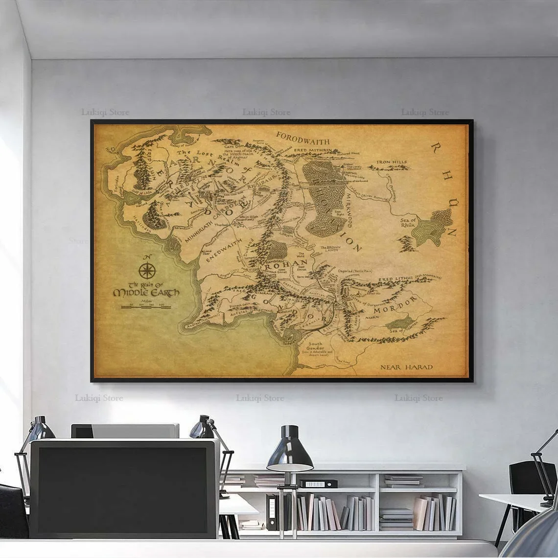 Hot L-Lord World Rings Map Flat Middle Earth Movie Vintage Canvas Painting Wall Art Picture Living Room Home Decor