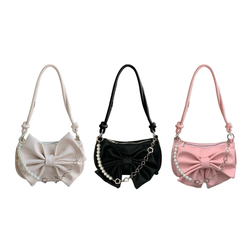 

Women Bag All-matching PU Leather Handbag Fashion Shoulder Bag Pearl Chain Shopping Bag Solid Color Bowknot Underarm Bag