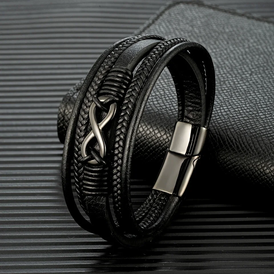 

Classic Men Infinity Bracelet Woven Multilayer Braided Leather Bracelets For Women Black Stainless Steel Jewelry Gifts