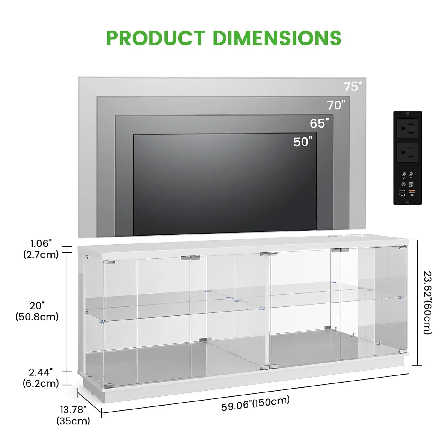 Glass TV Stand with Power Strip & RGB Lights, LED Display Cabinet with Glass Doors for Living Room, 71 Inch, Customized