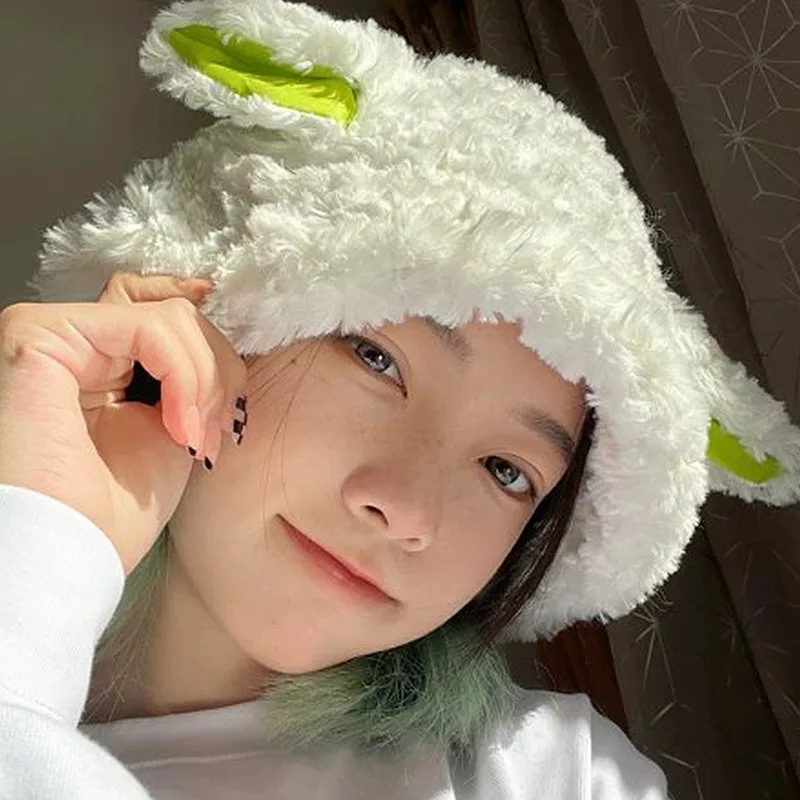 2023 Cute Women Lamb Wool Bucket Hat Winter Sheep Ear Plush Panama Caps for Girls Warm Faux Fur Soft Female Fisherman Sun Hats