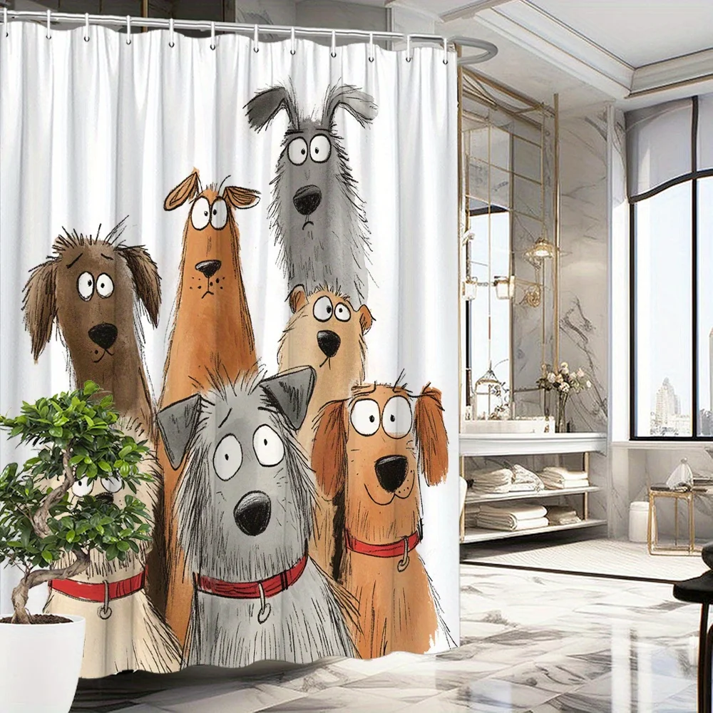 1pc Playful Cartoon Dogs Shower Curtain Whimsical Red Collars Expressive Faces Polyester Bathroom Decoration for Bathtub Curtain