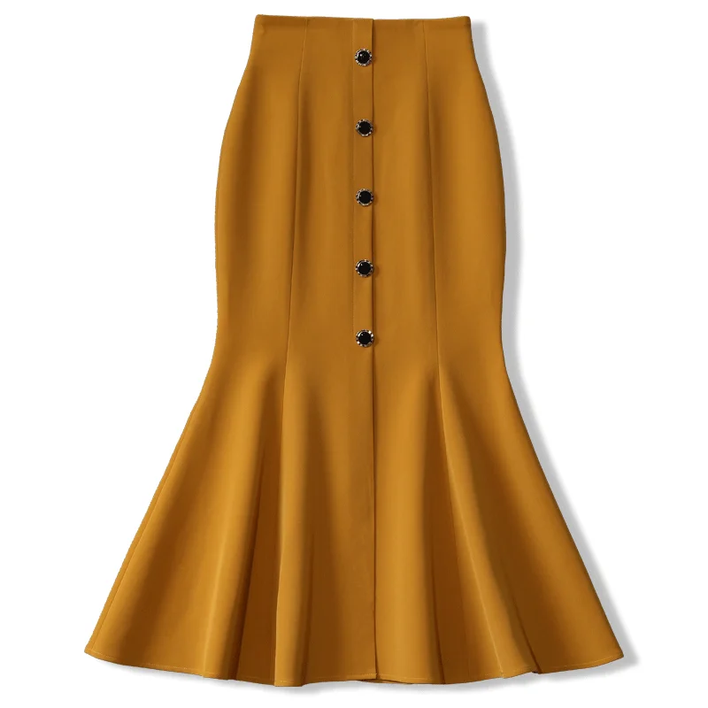 2023 Women's Clothing Temperament Korean Fashion Casual Elegant Vintage Buttons Solid Color Pleated Patchwork High Waist Skirts