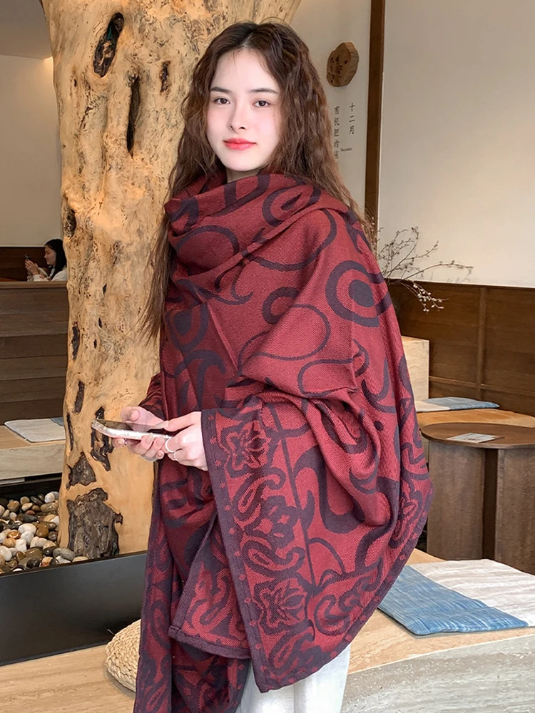 

Женский осенне-зимний вязаный шарф-плед с ретро-принтом, теплый, мягкий, удобный, для отпуска, новинка