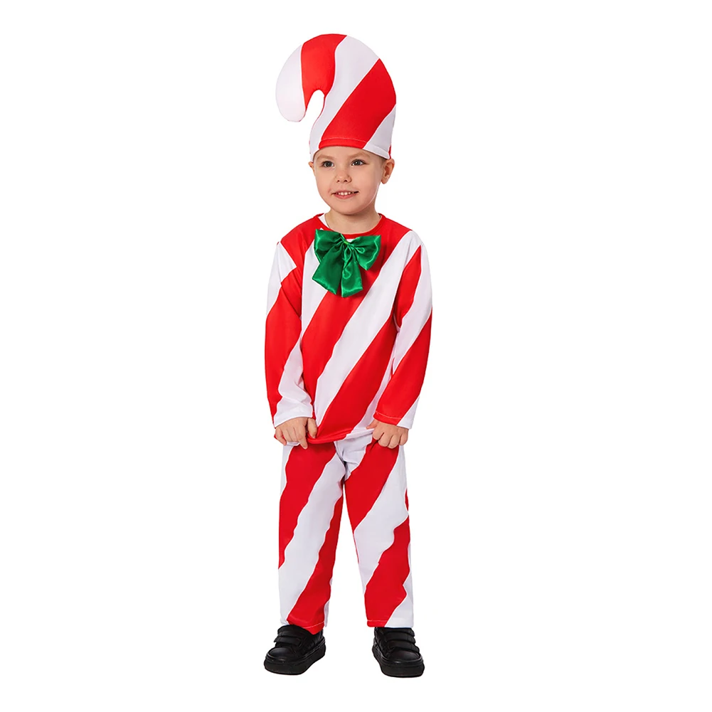 Kids Children Candy Cane Cosplay Top Pants Hat Costume Christmas Roleplay Disguise Fantasia Outfits Halloween Carnival Suit