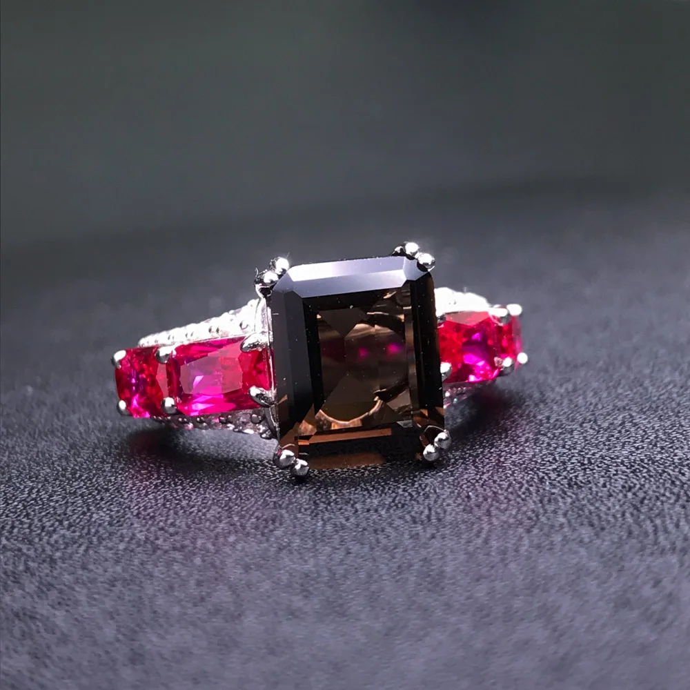 Luxury Natural Smoky Quartz Ring 925 Sterling Silver Fine Jewelry for Women Girl Birthday Party Gift