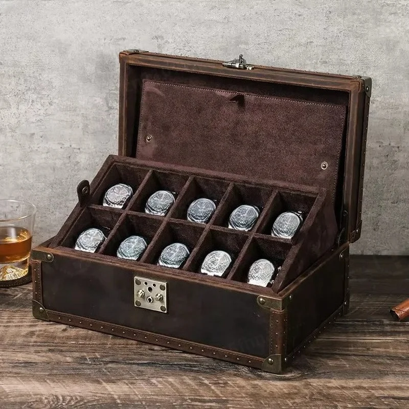 Genuine Leather Watch Storage Case 6 8 10 Slots Grids Portable Vintage Display Organizer Box Luxury Men Gift