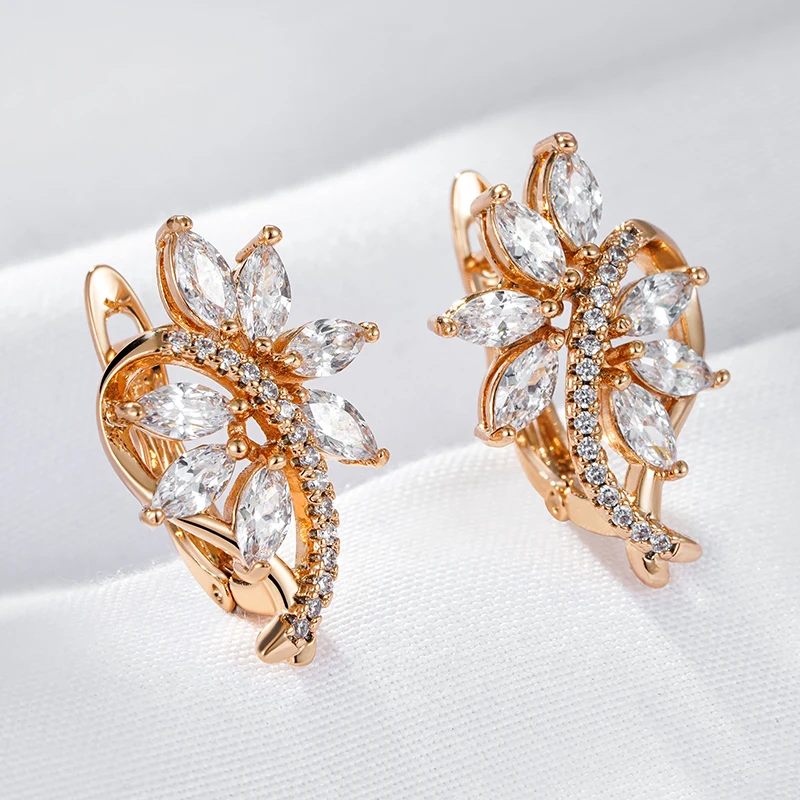 Wbmqda Luxury Crystal Flower Dangle Earrings For Women 585 Rose Gold Color Natural Zircon Setting Bridal Wedding Fine Jewelry