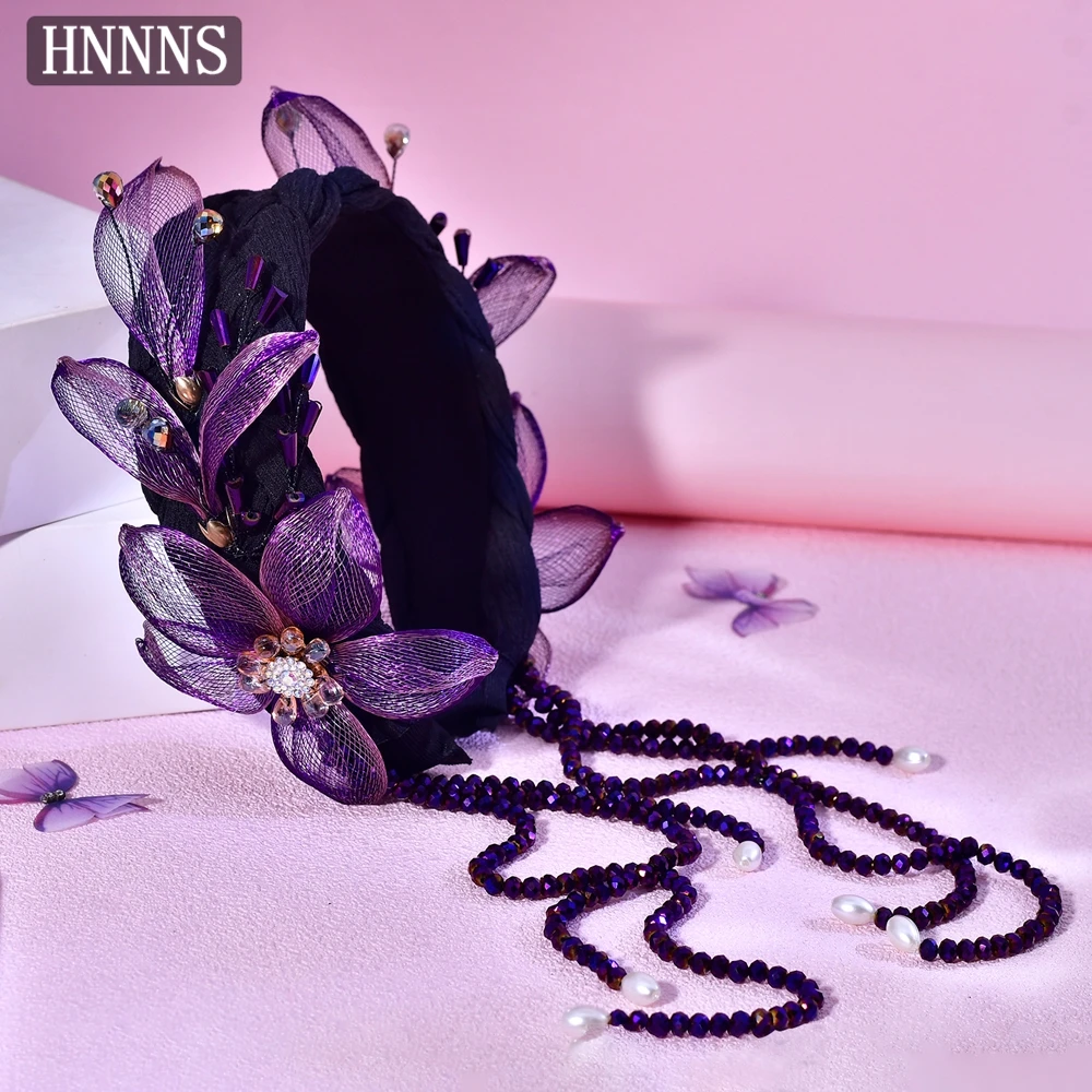 

HNNNS Hyperbole 3D Flower Headband European and American Popular Hair Hoop Sponge Wide Headwear Detachable Crystal Tassel A370