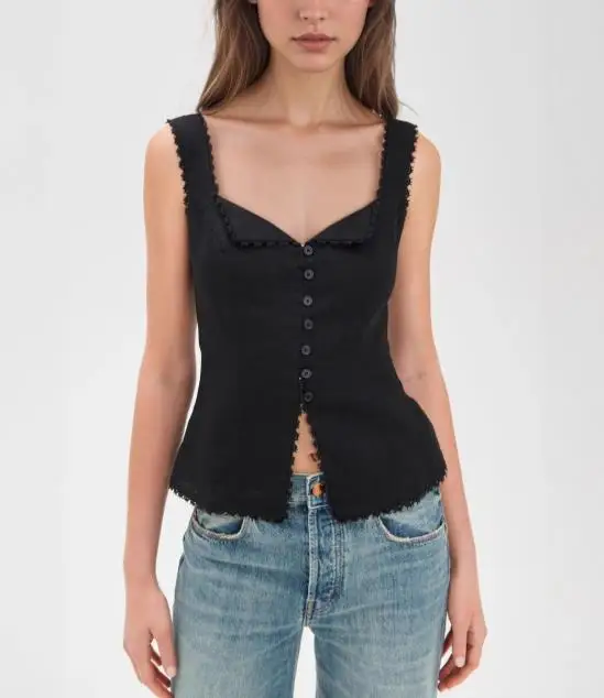 

2026 Elegant Sexy Vintage Cotton and Linen Lace Splicing Fashionable Buckle Suspender Solid Sleeveless Vest Top Female T-Shirts