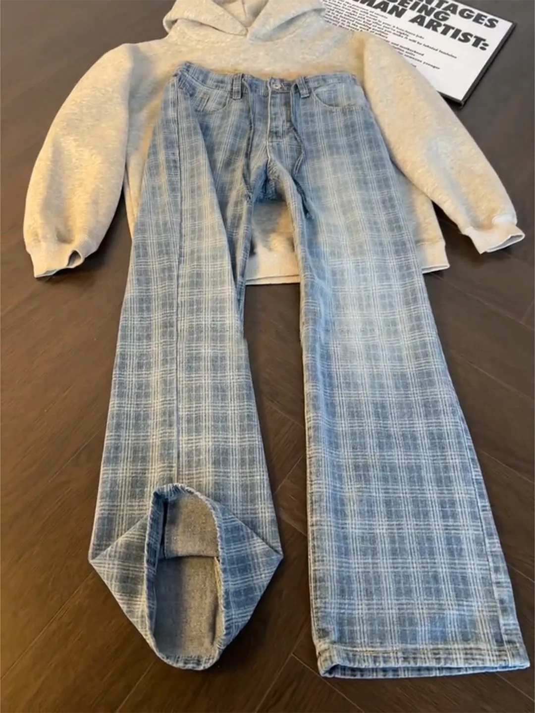 

Cleanfit Blue American Plaid Men's Spring Waed Straight Leg Micro Flare Denim Pants Casual Youthful Trendy Straight Cut Jeans