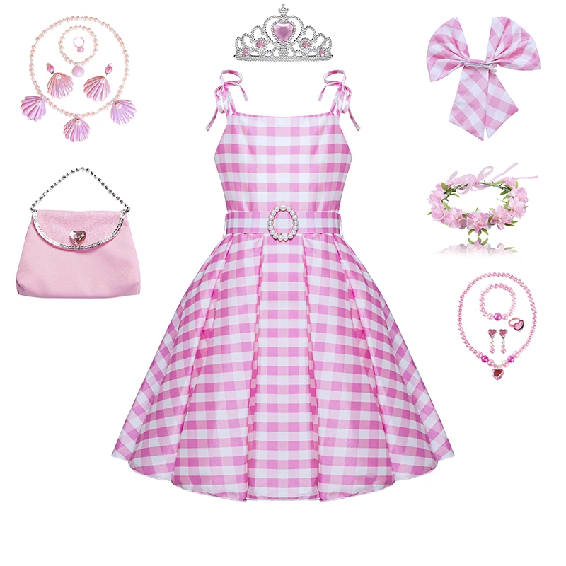 New Movie Pink Dress for Girls Halloween Carnival Barbi Princess Costume Plaid Costume Sleeveless Cosplay Party Outfit 2-10T