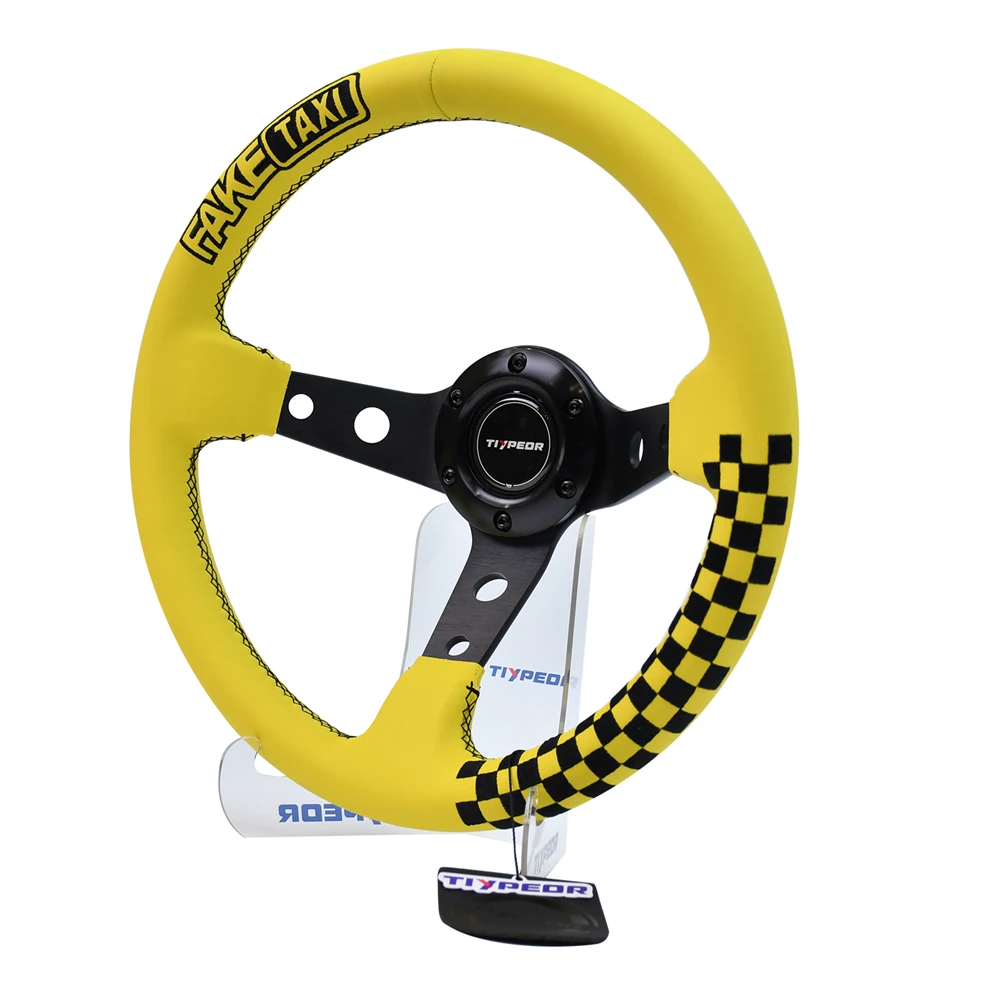 

TIYPEOR 320mm Yellow Leather Car Steering Wheel Deep Concave Drift Racing Steering Wheel With Black Embroidered Stitch