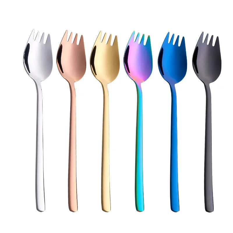 Stainless Steel Fruit Fork Dessert Forks for Cake Snack Salad Fork Spoon 2 In 1 Colorful Long Handle Fork Spoon DH48