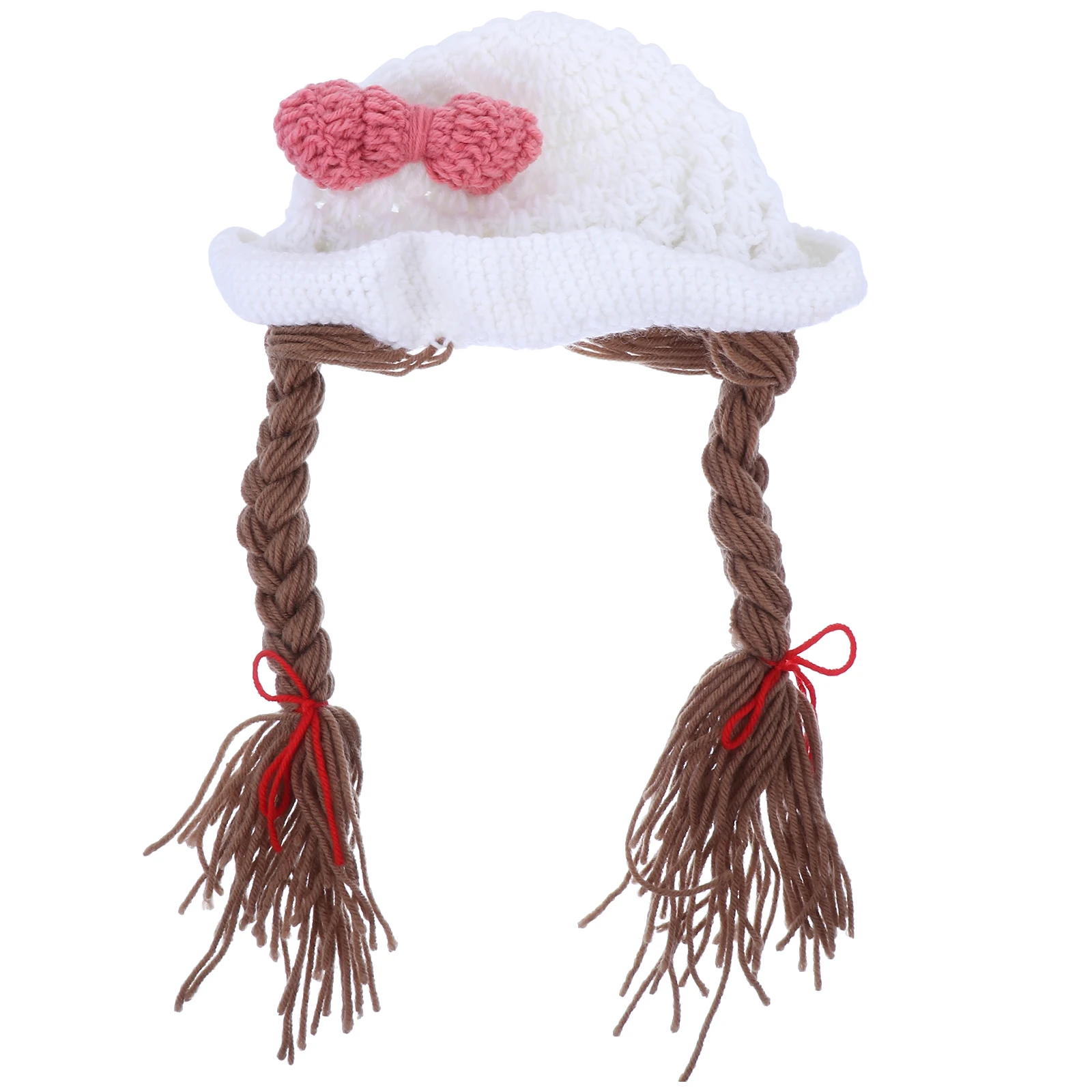 

Photo Props Hat for Kids Warm Woolen Baby Hats Handmade Knitted Pink Bow Braided Design Cozy Stretchy Material Most