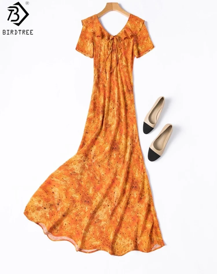 

BirdTree Summer 100% Silk Bias-cut Dress,Woman Double Crepe V-neck Short Sleeve Fishtail Dresses, 2025 New D57121JF