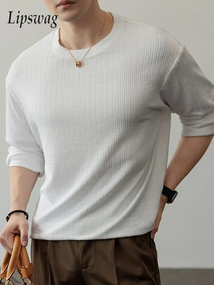 

Autumn Stylish Striped Texture T Shirts Mens Vintage O Neck Long Sleeve Knit T-shirt Daily Casual Men's Knitting Bottoming Tees
