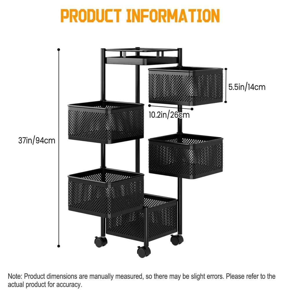 5 Tier Rolling Cart Vegetable Rack for Kitchen Rotating Storage Rack with Swivel Base Mobile Kitchen Cart on Wheels Breathable D 5
