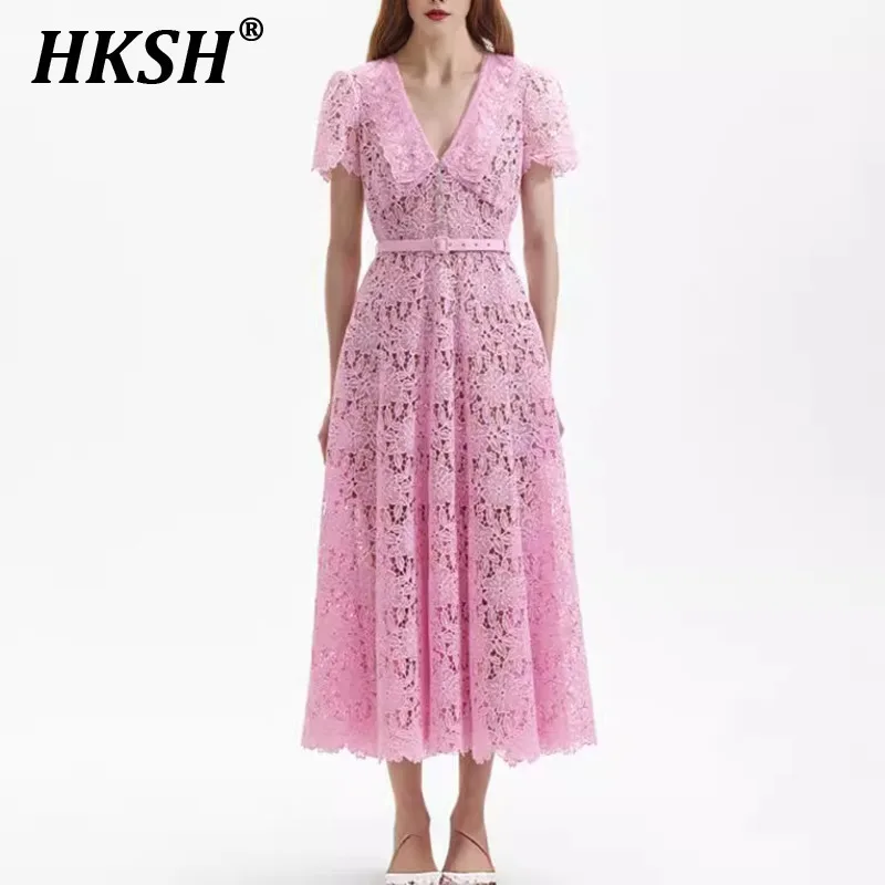 

HKSH Summer New Women Tide Chic Sweet Elegant Fashion French Casual Lace Turn-down Collar Short Sleeve High Waist Dresses HK5305