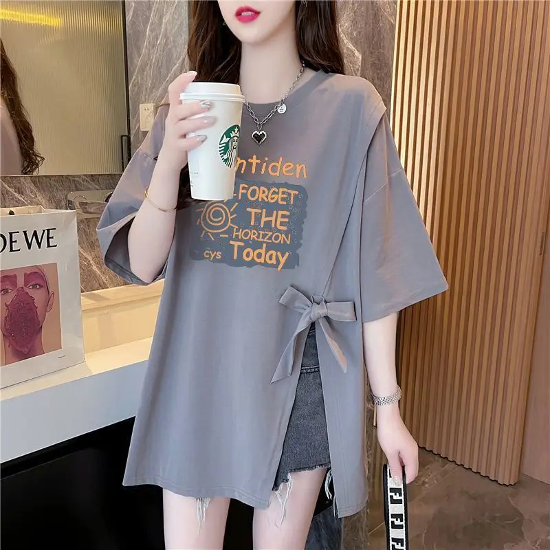 Gidyq Summer Fashion T Shirts Women Casual Streetwear Letter Print Short Sleeve Tops Y2K Female All Match Slit Bow Tees