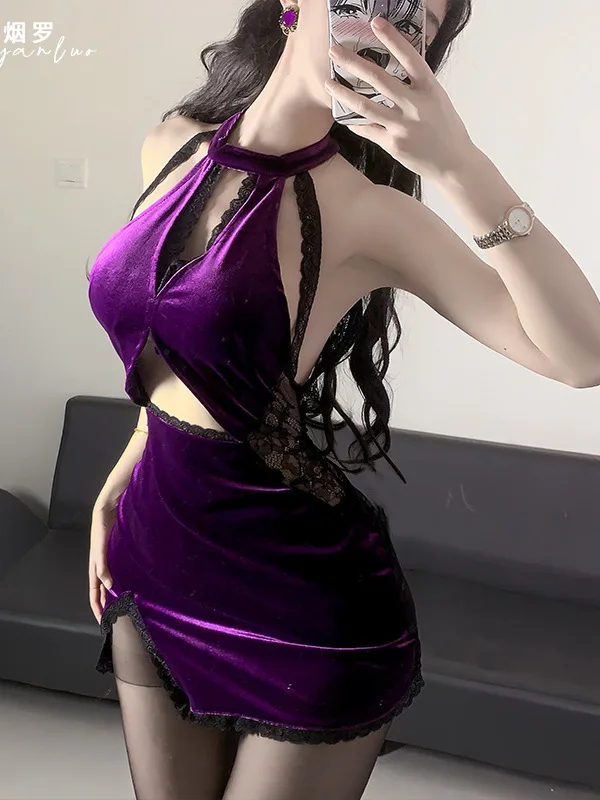 Sexy Cheongsam Splicing Purple Mesh Hollow Out Expose The Belly Perspective Package Hip Dresses Fashion Sheath Slim Fit Dress 5C