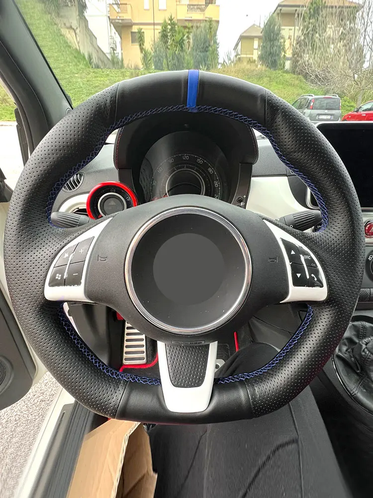 Car Steering Wheel Cover Leather Trim For Fiat 500 500C 2013 - 2015 For Abarth 500 500C 595 595C 2009-2016 blue line blue strip
