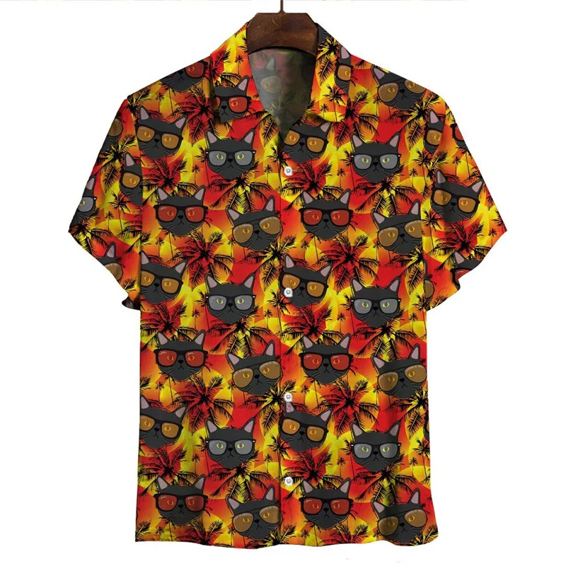 

Retro Cat Tropic Aloha Shirts For Men 3D Printed Animal Short Sleeve Streetwear Button Blouse Oversized Lapel Hawaiian Shirt