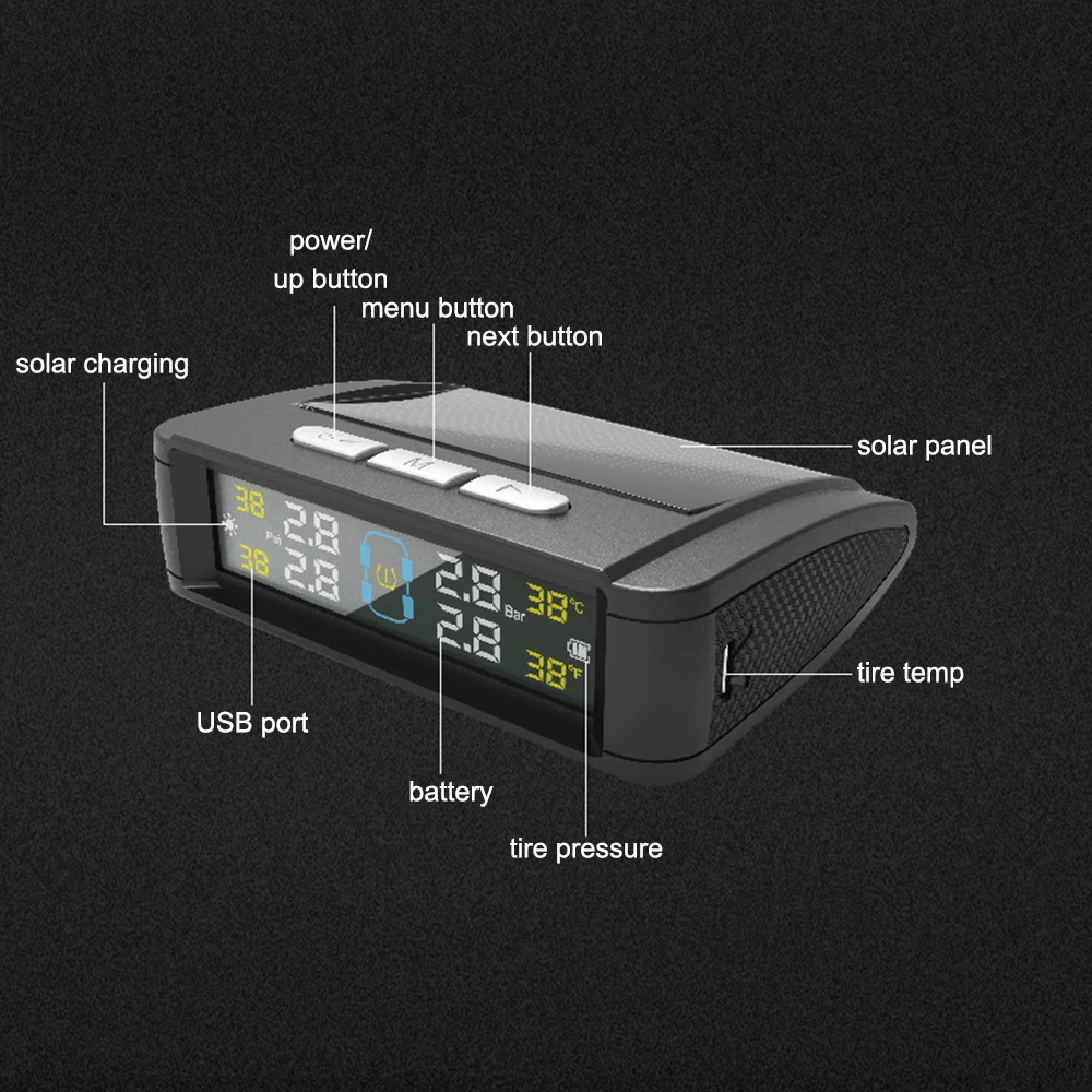 Solar/USB Powered Tire Pressure Monitoring System Tyre Temperature Monitor Car TPMS Auto Security Alarm Systems