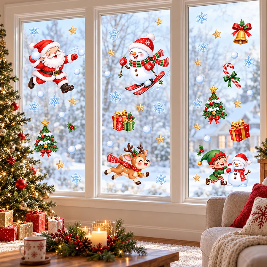 1Set/2Pcs Christmas Santa Snowman Reindeer Elf Decor Static Clings Window Sticker, No Glue No Residue, Home Window Glass Decor