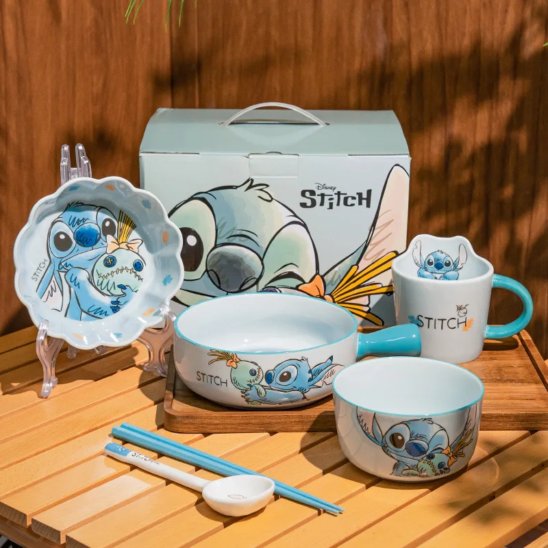 Juego de cubiertos de cerámica Stitch Disney Stitch, cuenco encantador, cuchara, palillos, taza de agua Kawaii, caja de regalo, embalaje de regalo, vajilla curada