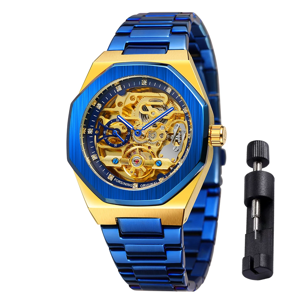 FORSINING Trendy Polygon Men Skeleton Automatic Mechanical Watch Rhinestone Watch Stainless Steel Formal Business Man Wristwatch