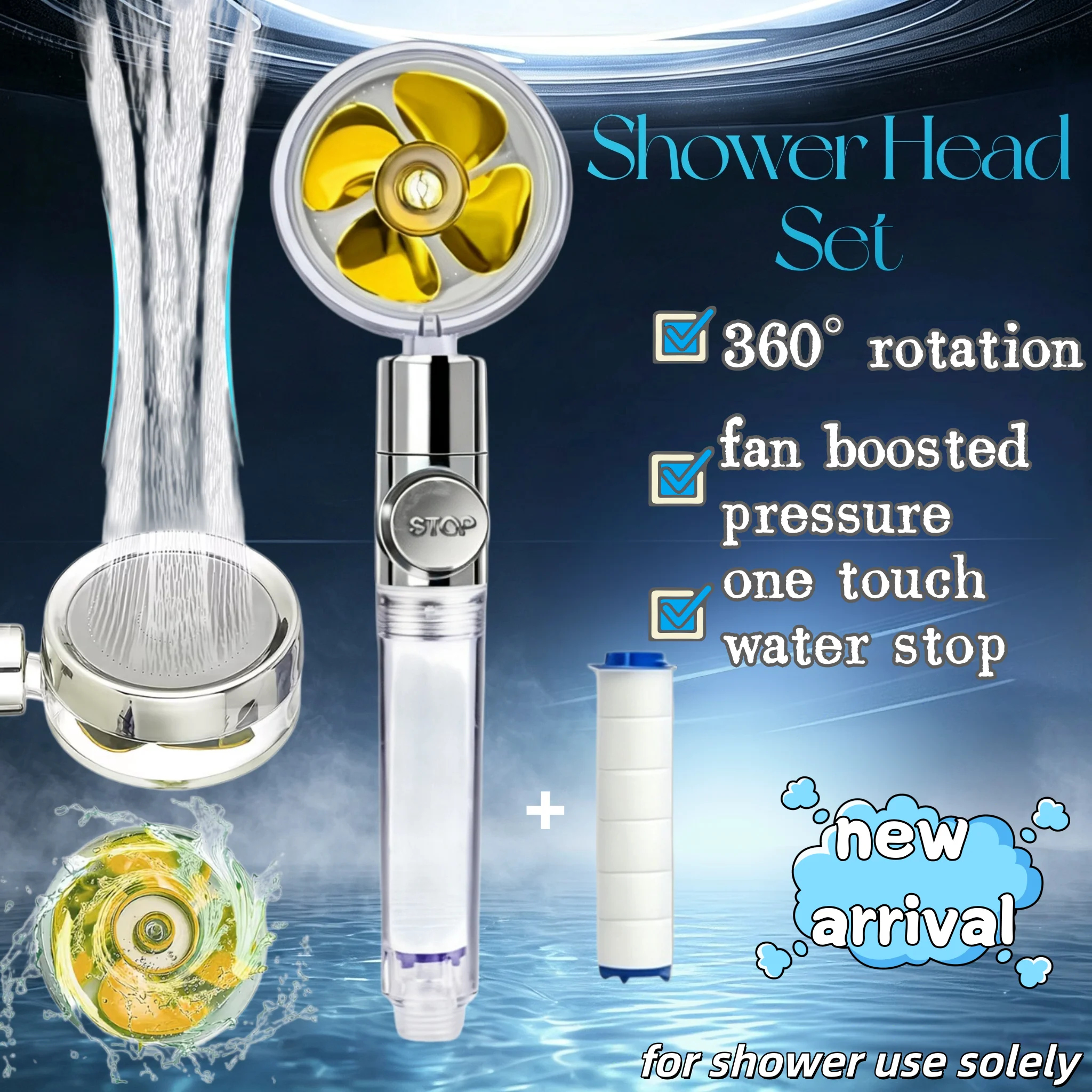 Gold Pressure Shower Head 360° Rotatable Save Water One-Click Stop 1 Extra Filter Bathroom Fixture Home Hotel RV Shower Only