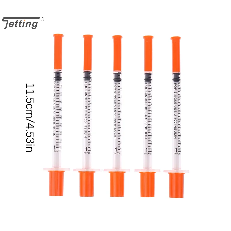 5Pcs 1/0.5/0.3ML Disposable Plastic Veterinary Syringe Orange Cap Sterile Insulin Syringe w/ Needles For Pet Farm Animal Cat Dog