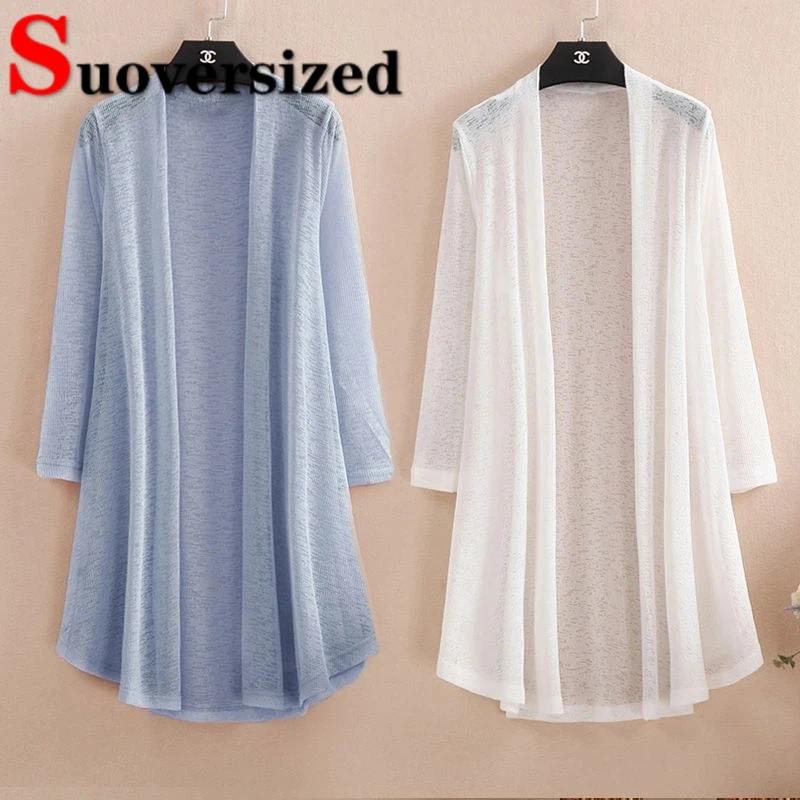 Ice Silk Lightweight Knitted Cardigan Plus Size 5xl Korean Fashion Sunscreen Long Top Spring Summer Casual Female Shawl Coat