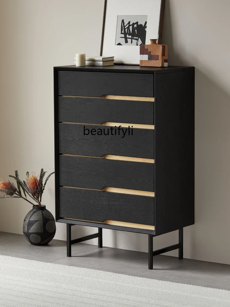 

07Furniture Chest of Drawers Solid Wood Ash Black Living Room Storage Drawer Locker Master Bedroom Side Cabinet Bed Front Cabine